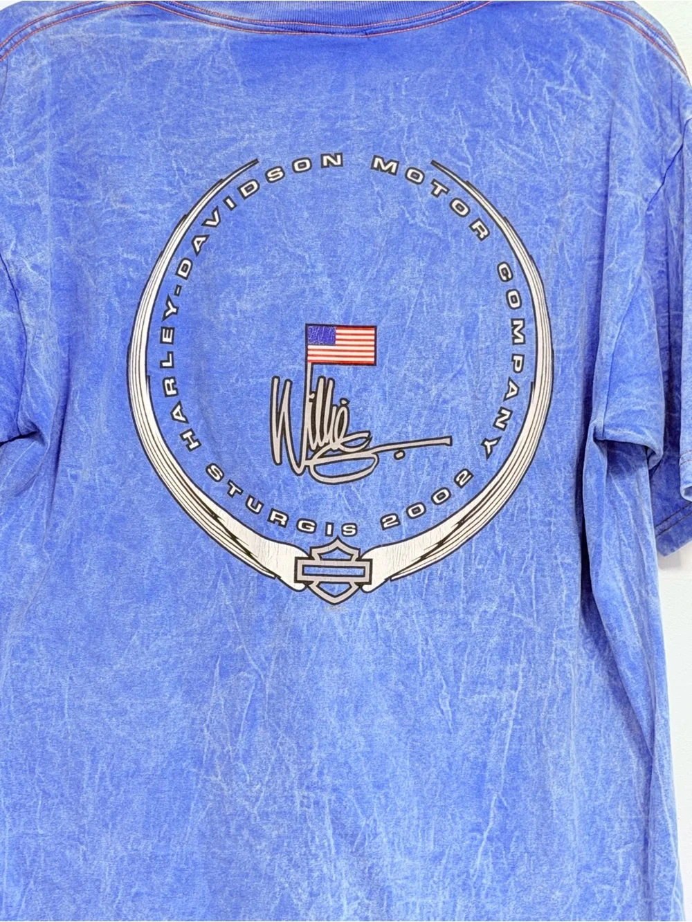 Harley-Davidson Washed Blue Short Sleeve Tee with Flag Graphic Large
